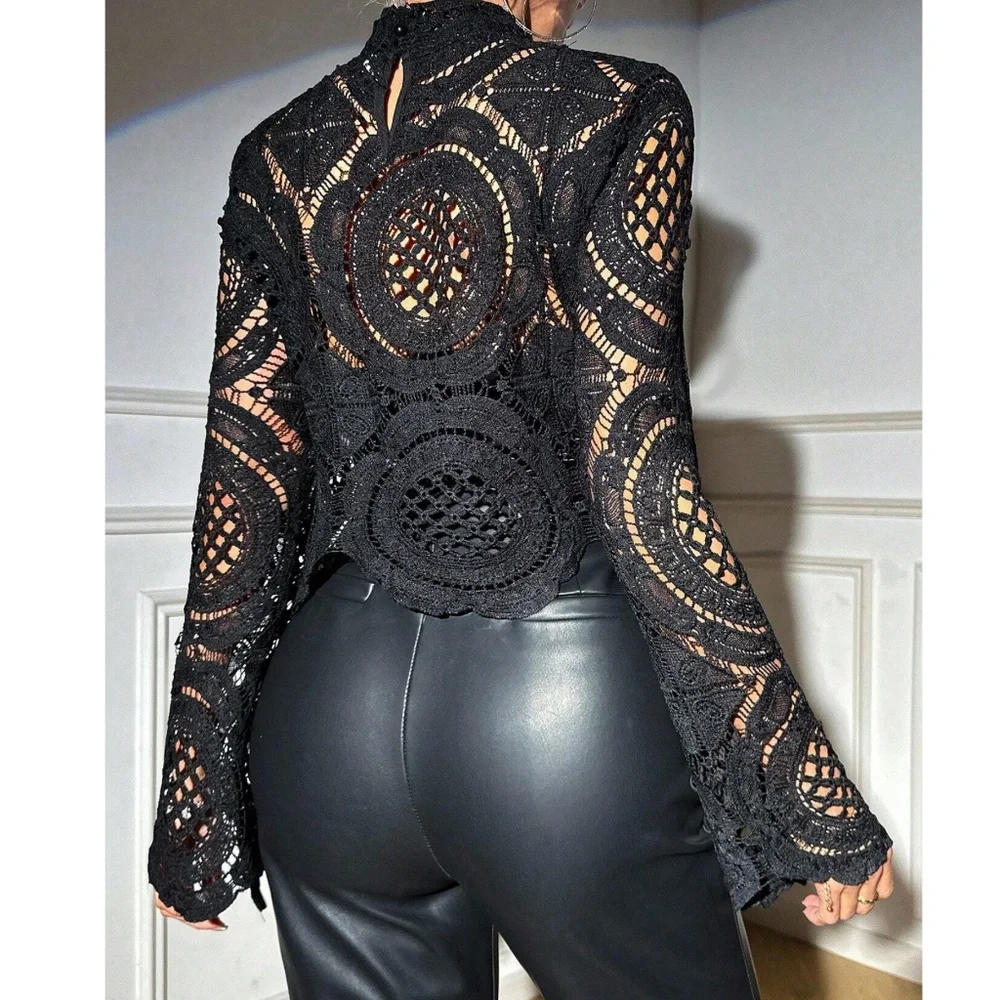 Luxe Sheer Mock neck Flared Long Sleeve Lace Blouse